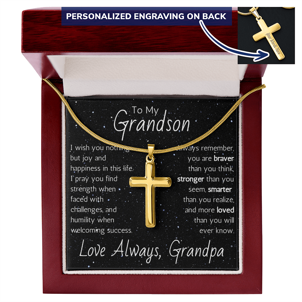 Engraved Artisan Cross For Grandson From Grandpa - Snake Chain