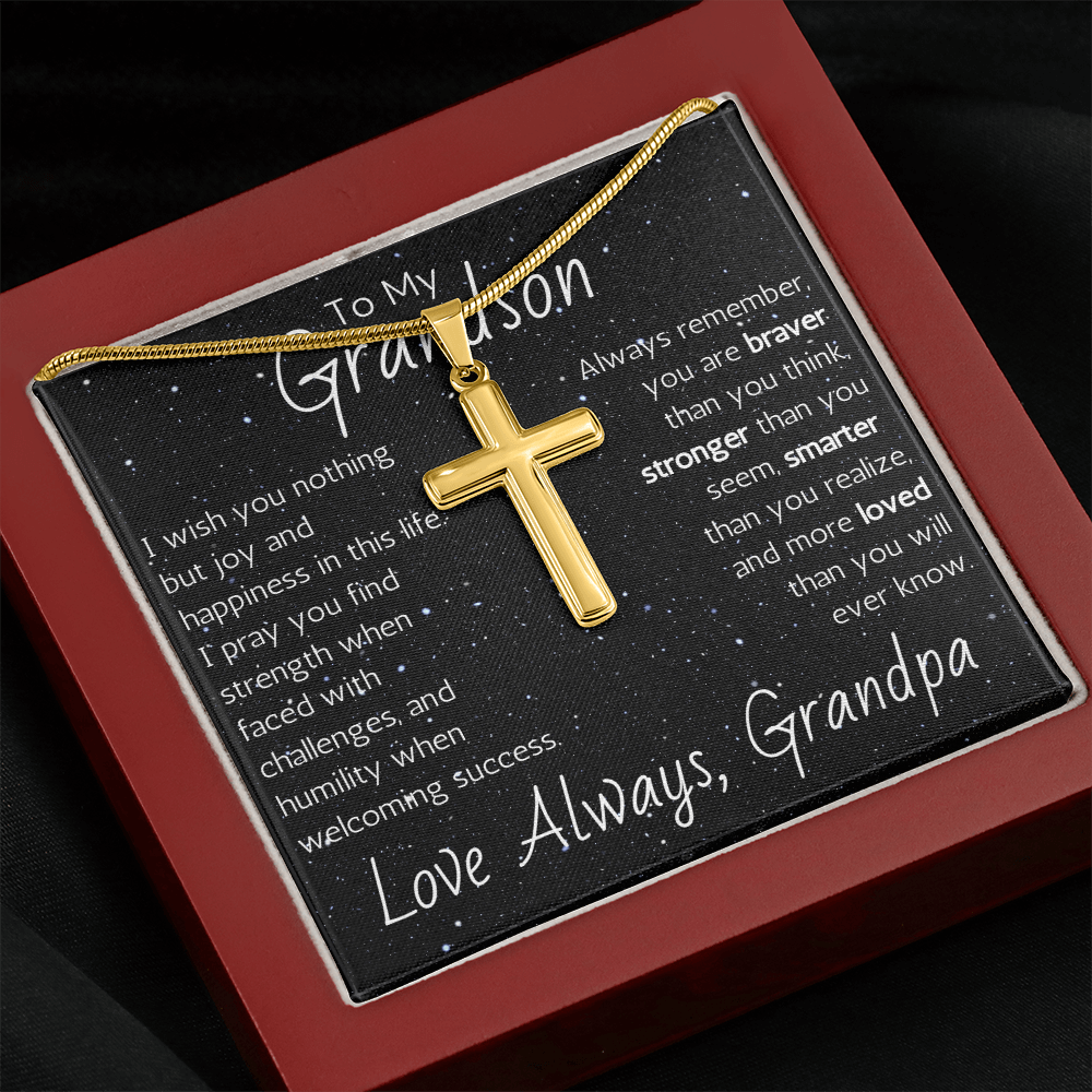 Engraved Artisan Cross For Grandson From Grandpa - Snake Chain