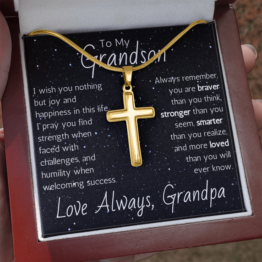 Engraved Artisan Cross For Grandson From Grandpa - Snake Chain